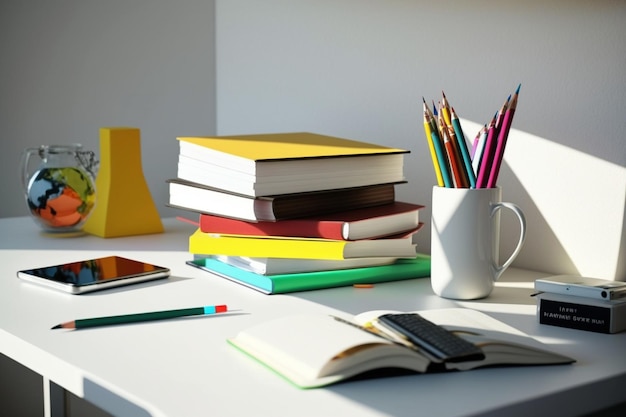 Photo a book pile close up on a study desk front view pile book stack of colorful books on study table