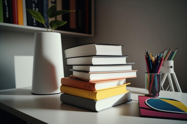 Стопка книг крупным планом на рабочем столе, вид спереди, стопка книг, стопка красочных книг на учебном столе