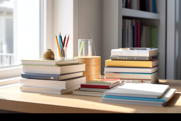 A book pile close up on a study desk Front view pile book Stack of colorful books on study table