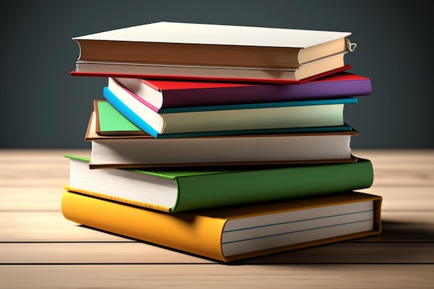 A book pile close up on a table Front view pile book Stack of colorful books on white background