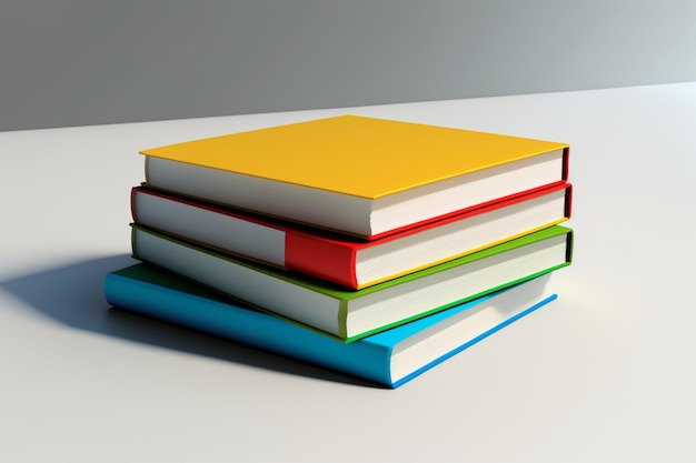Стопка книг крупным планом на столе, вид спереди, стопка книг, стопка красочных книг на белом фоне