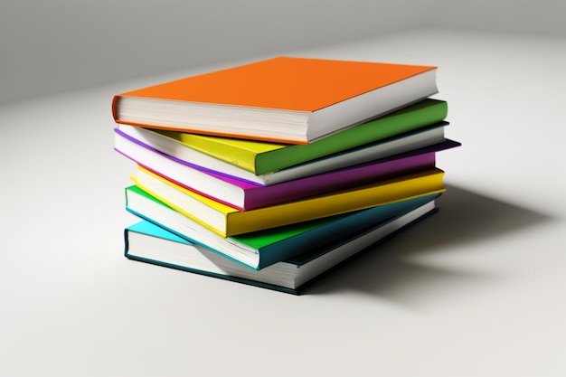 A book pile close up on a table Front view pile book Stack of colorful books on white background