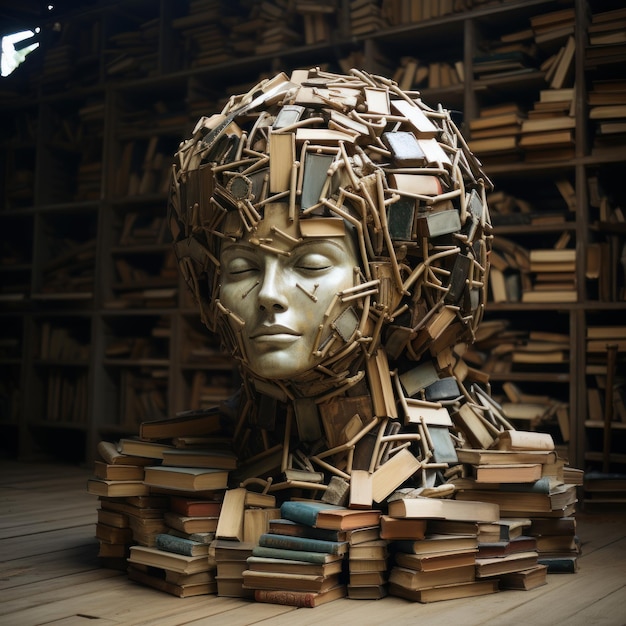 A book rack made with human head statue Improve reading Relationship between books and knowledge