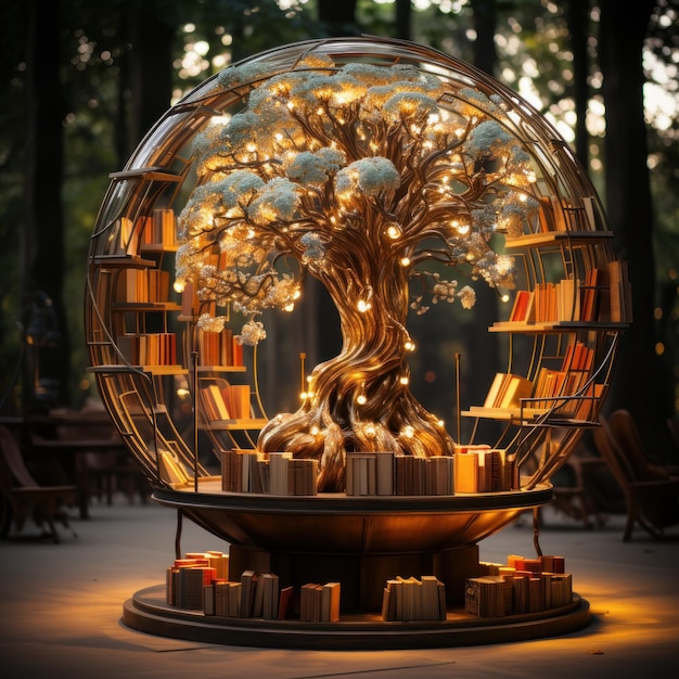 A book rack in tree styles and branches inspired with human neuron style with light bulbs