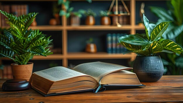 Book resting on desk within law office firm cover missing Concept Legal Documents Missing Book Cover Law Office Setting Empty Desk