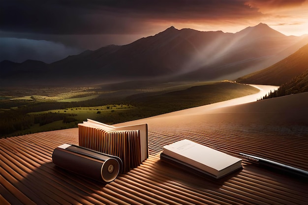 A book on a roof with a mountain in the background