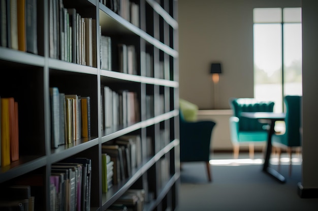 A book shelf in a library with a green chair in the background.