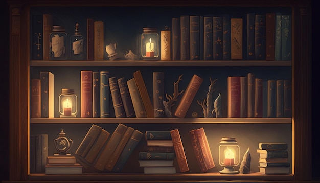 A book shelf with books and a candle on it.