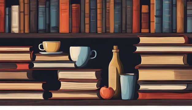 Foto una libreria con libri e una tazza di caffè