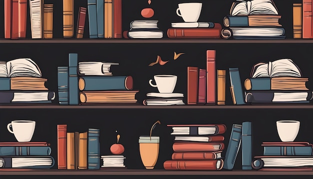 Photo a book shelf with books and a cup of coffee