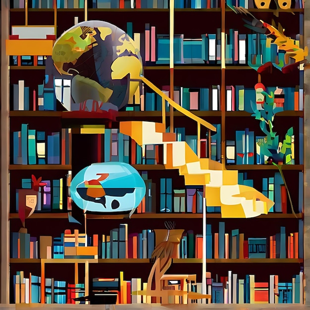 a book shelf with books and a globe on it