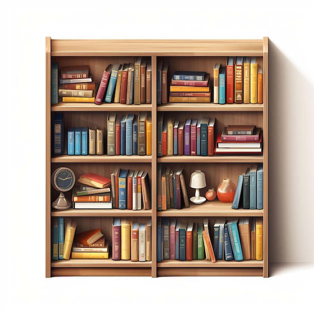 a book shelf with books on it including a clock on the top