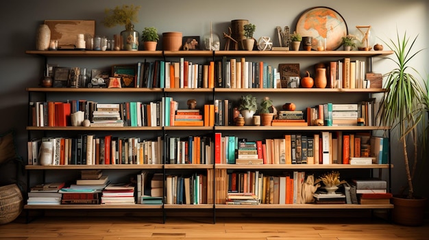 A book shelf with books on it in a library room