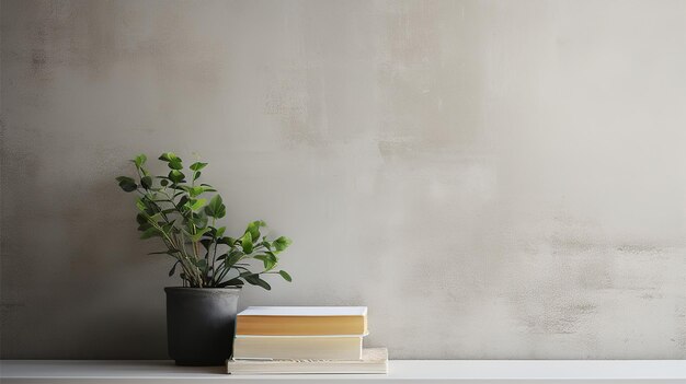 A book on a shelf with a plant on the top of it