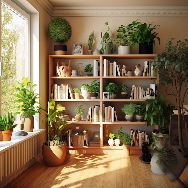 A book shelf with plants and a window with a plant on it