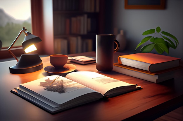 A book sits on a modern desk