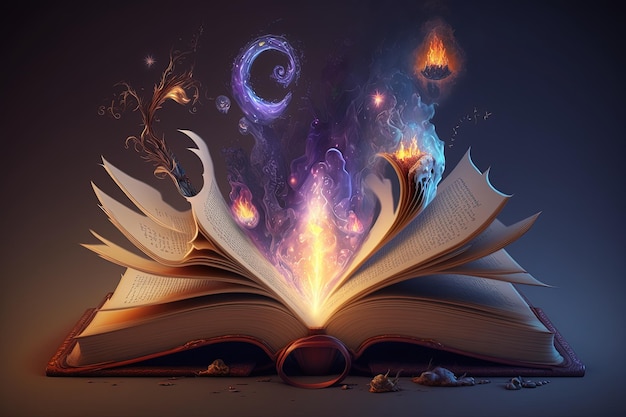 呪文の本を開く魔法の本が出てくる神秘的なエネルギー AI