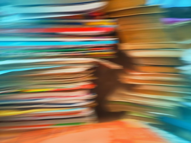 Book stack in the library room defocused background Abstract blurred empty library interior space