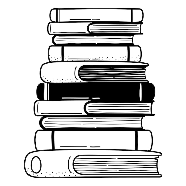 book stack png doodle sticker black white illustration transparent background