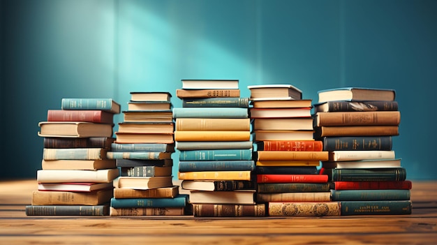 Книжная стопка открытая книга книги с твердой обложкой на деревянном столе и синий
