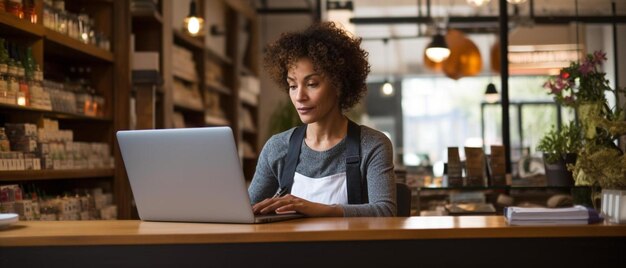 book store owner holding book and using laptop