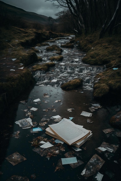 A book in a stream with a pile of trash and a pile of paper.