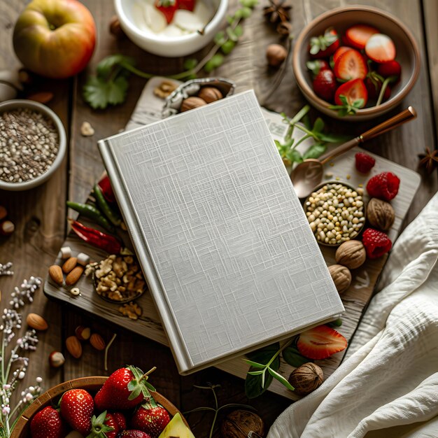 A book surrounded by fruits and nuts on a wooden table