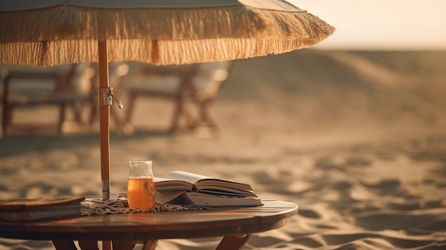 A book on a table on a beach with a book on it