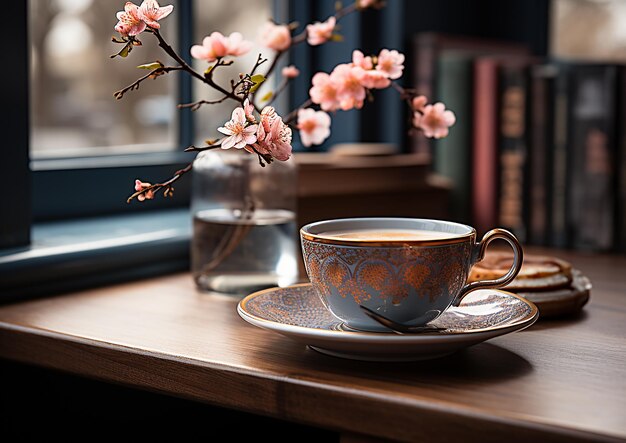 A book on a table next to a cup of coffee