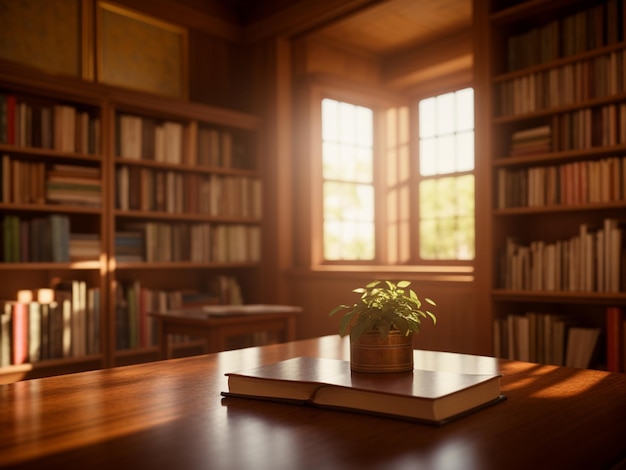 A book on a table in a library