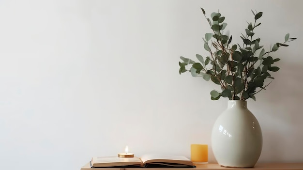 A book on a table next to a vase of eucalyptus