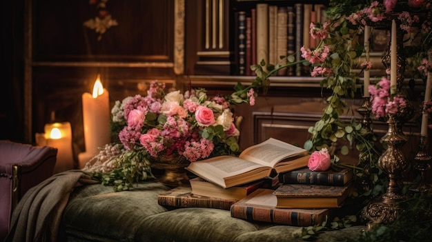 A book on a table with a candle in the background