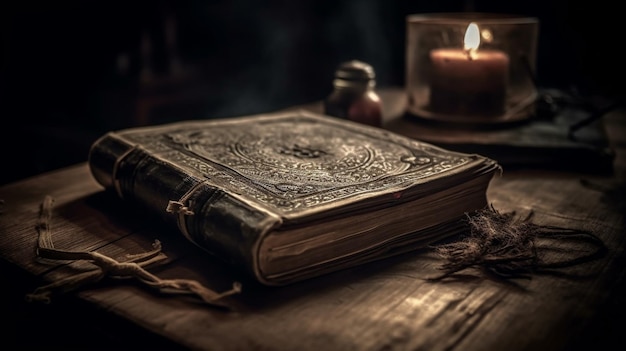 A book on a table with a candle in the background