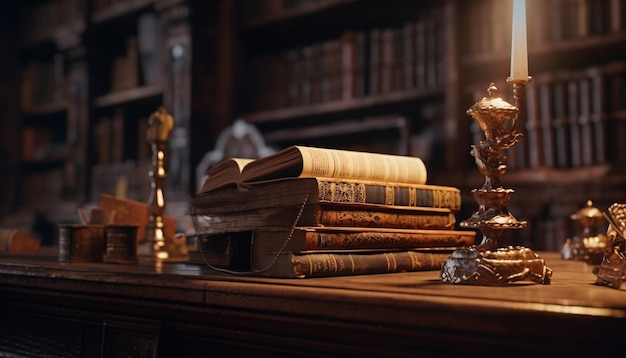 A book on a table with a candle in the background