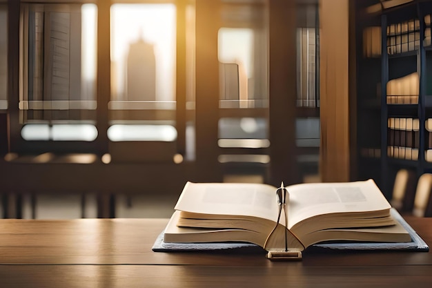 A book on a table with a city in the background