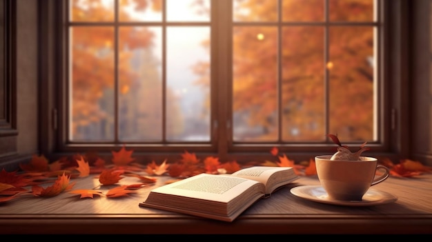 A book on a table with a cup of coffee and a fall scene outside