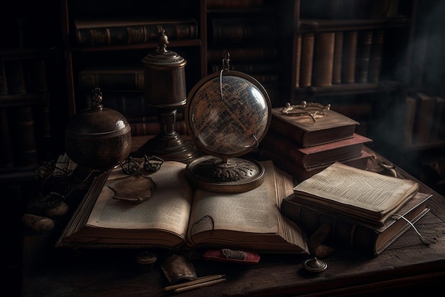 A book on a table with a globe and a globe