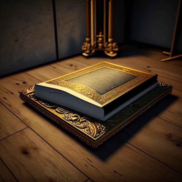 A book on a table with gold trim and a gold cover.