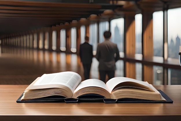 Foto un libro su un tavolo con un uomo che passa