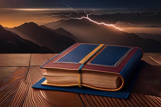 A book on a table with a mountain in the background