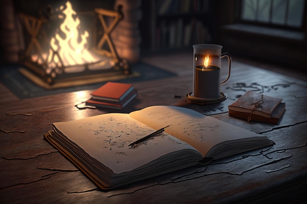 A book on a table with a mug of coffee and a book on it