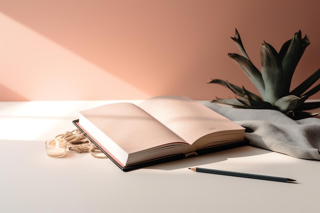 A book on a table with a pencil and a plant on it