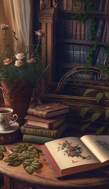 A book on a table with a plant in the corner