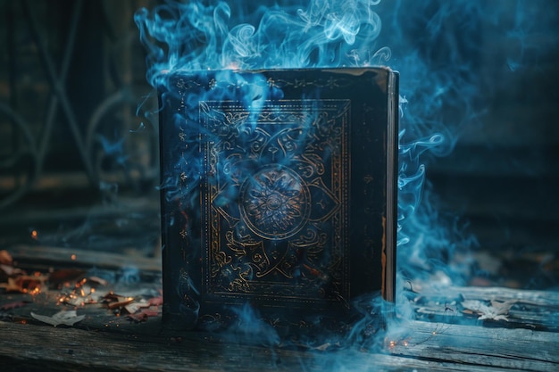 Книга на столе с вихревым синим дымом, поднимающимся с ее страниц. Дым создает эфирный и м