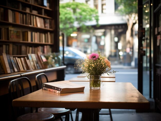 Photo a book on a table with a vase of flowers on it