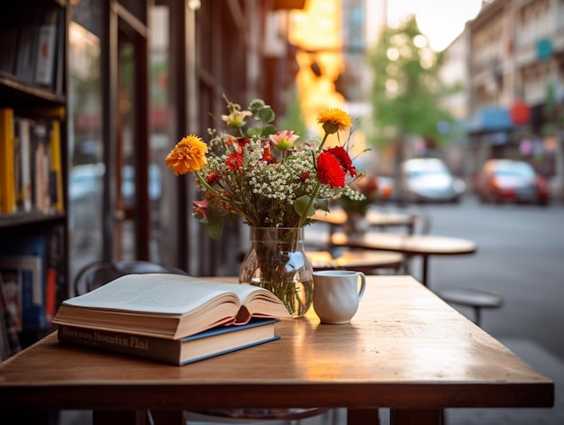 Un libro su un tavolo con sopra un vaso di fiori