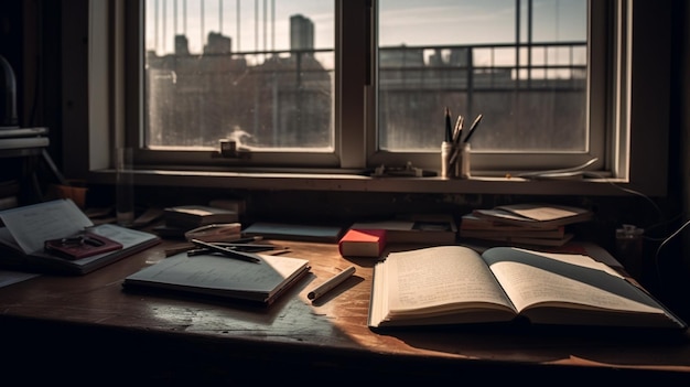 A book on a table with a window in the background