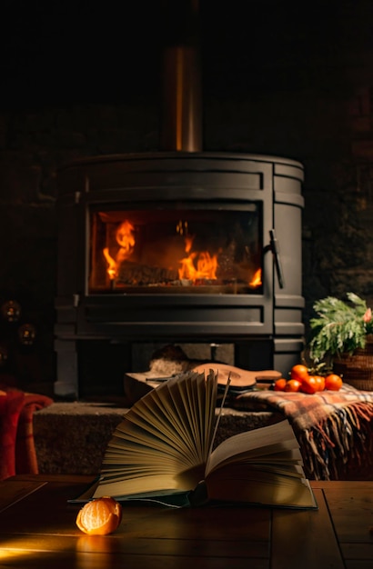 Book and tangerines near the burning fireplace