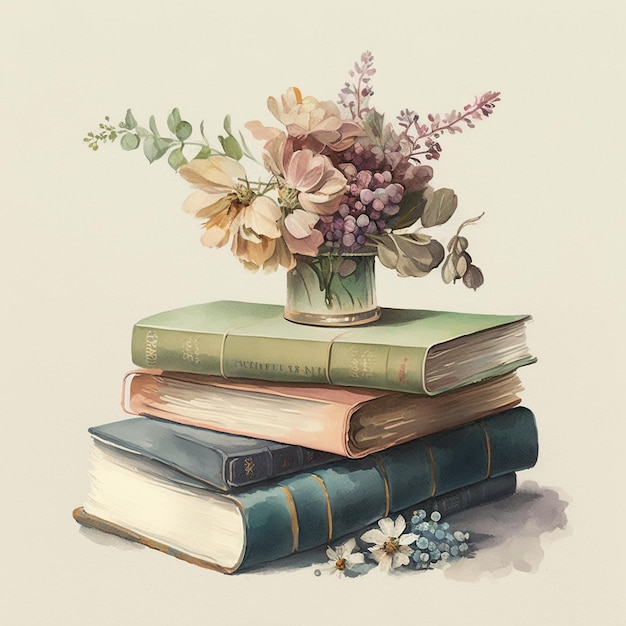 A book that has flowers on it and a vase on top of it