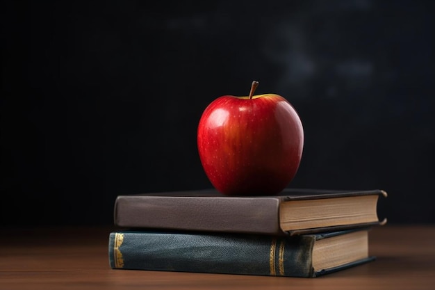 A book on top of a stack of books with a red apple on top.